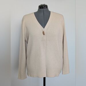 Title: Rio&Rain Beige Ribbed Cardigan XL – Soft Knit V-Neck Classic Neutral Laye